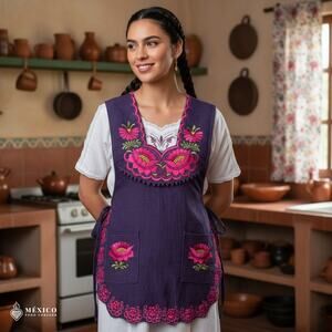 Magenta Mexican Embroidered Smock Apron – Floral Traditional Design